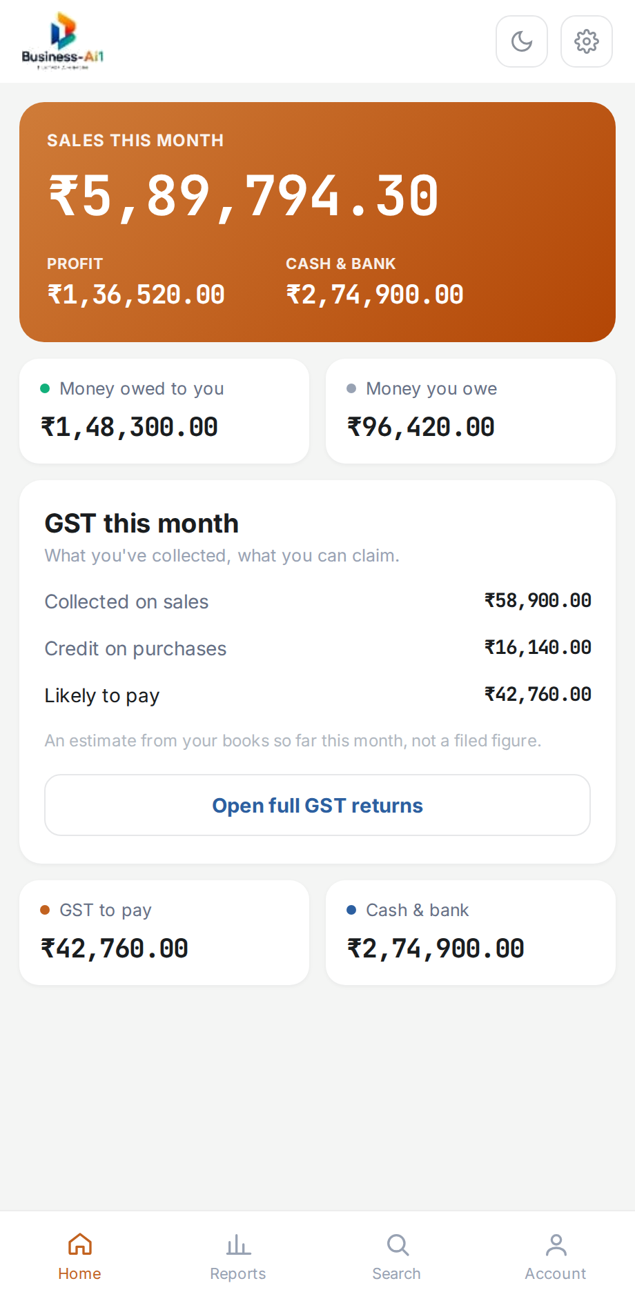 Business-Ai1 Lite Android app — Home